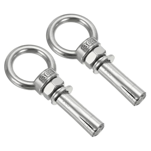 Image of PATIKIL Expansion Eye Bolt M10x60mm, 2 Pack 304 Stainless Steel Shoulder Anchors Eyebolt Screw with Eye Ring for Concrete Brick Walls Canopy Engineering Rigging Silver