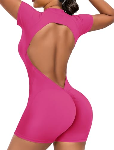 SEASUM Short Sleeve Zip Up Workout Jumpsuit Backless Romper Pink M