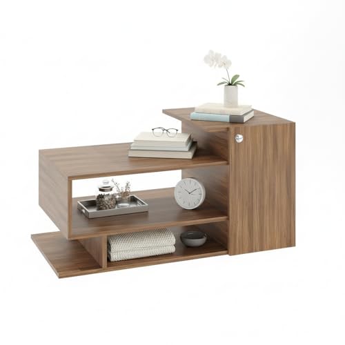 Image of FURNEASER Modern Engineered Wood Coffee Table with Storage Shelves | Center Table for Living Room & Sofa Area | Multi Level Open Rack Design | DIY Furniture (Exotic Teak)