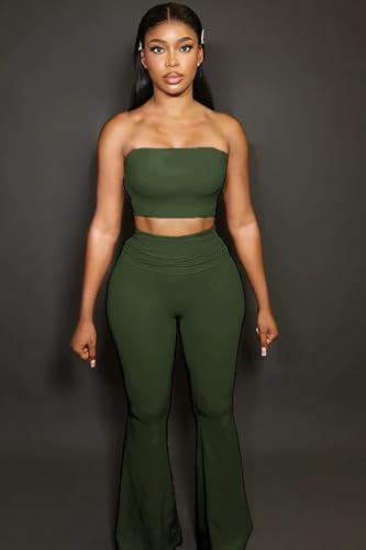 Image of Sexy Women's 2 Piece Lounge Sets Pajama Outfits Casual yoga Crop tube Top High Waist Wide Leg Foldover Flare Pants