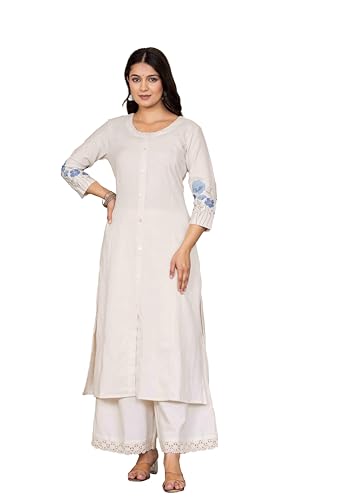 Image of Pistaa's Women Cotton Elegant Off-White Floral Embroidered Sleeves Kurta Palazzo Set