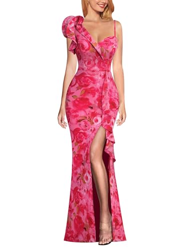 Image of VFSHOW Womens Formal Prom Elegant Ruffle One Shoulder Beaded Strap Ruched Slit Maxi Dress Wedding Evening Long Gown