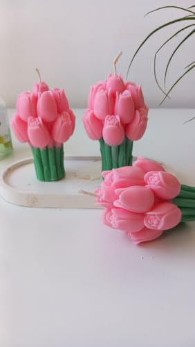 Image of Tulip Flower Scented Candle, Pink and Green, Decorative Bouquet Design for Home Decoration and Gift (6, Pink)