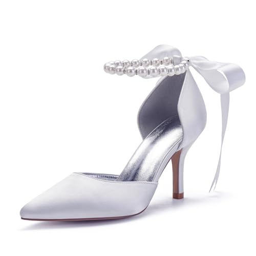 Women's Pearl White Wedding Shoes for Bride High Heels Pointed Toe Bridal Shoes Satin Prom Party...