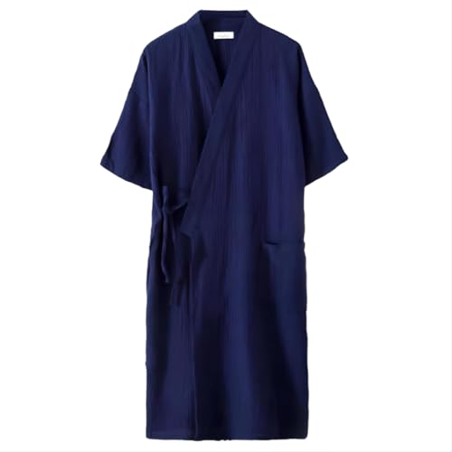 Aculldo パジャマ メンズ 甚平 男性 男女兼用 カップル 寝巻き コットン 和風 浴衣 前開き 二重ガーゼ 通気性 肌触りよい ルームウェア バスローブ お風呂 旅館 ホテル 無地 病院 介護 大きいサイズ (ネイビー,L)