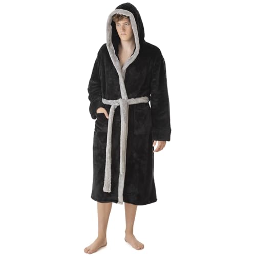 LEBENGOOD Bata Hombre Invierno, Albornoz Hombre Coralina, Batas de Casa Polar, Suave, Acogedor, Microfibra OEKO TEX®(L,Cap.Negro)