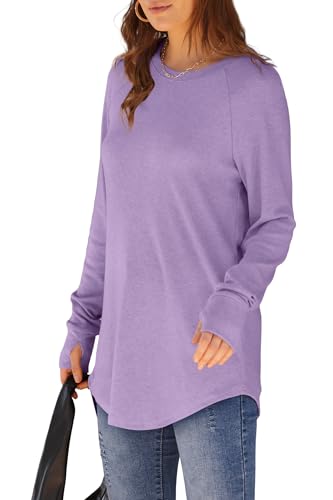 Image of XIEERDUO Womens Tunic Tops to Wear with Leggings Long Sleeve Thumb Hole Shirts Crew Neck Curved Hem