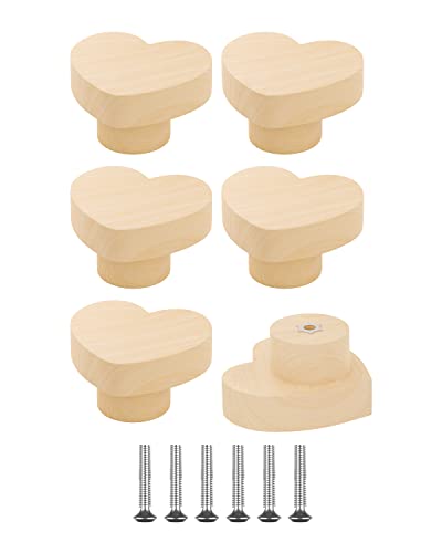 Zepolu 6 Pack Heart Shape Wood Knobs - 1.2” Diameter, Wooden Knobs for Cabinets and Dresser Drawers, Natural Wood Kitchen Cabinet Pulls Handles with...