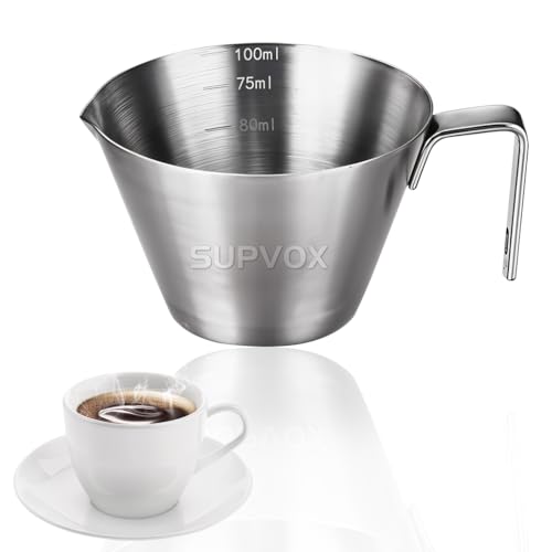 Image of Supvox 100ml Espresso Coffee Cup Brushed Stainless Steel Measuring Cup with Handle Dual-Way V-Nozzle Design Kitchen Measuring Cup Small Oil Pot