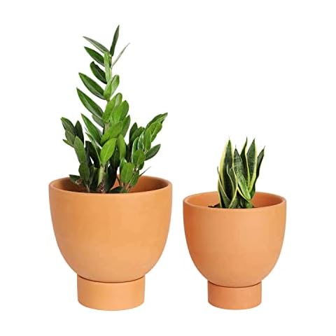 vensovo Terracotta Self Watering Plant Pot - 2 PCS 6 Inch & 8 Inch Terra Cotta Plant Pot with Drainage Hole and Saucer, Small & Large Clay Flower Pot with Tray, Plant Pot for Indoor Outdoor Cover