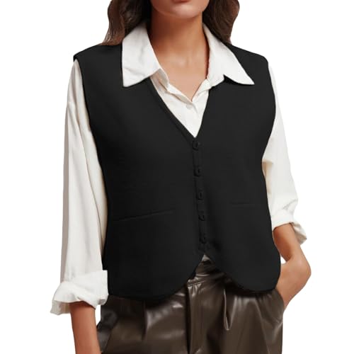 Image of Wowcarbazole Women's Cropped Sweater Vest Sleeveless V Neck Button Down Casual Knit Cardigan Vest Trendy Knitted Tank Tops