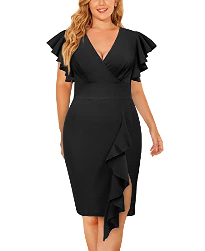 Image of Miusol Women's Plus Size Vintage V Neck Ruffles Sleeve Bodycon Business Cocktail Party Pencil Dress