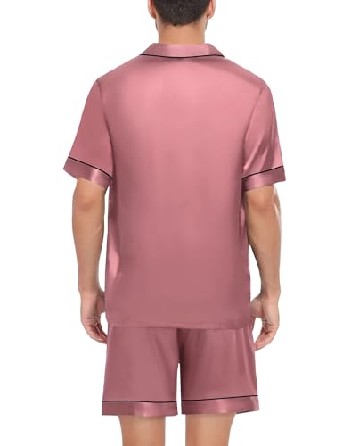 Image of SWOMOG Satin Matching Pajamas Sets Couple Silk Button Down Nightwear Men & Women Short Sleeve Sleepwear 2 Pieces Loungewear Misty Rose