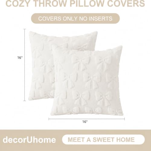 Image of decorUhome Cream White Bow Pillow Covers Set of 2 Coquette Aesthetic Cute Preppy Plush Faux Pillowcases for Girly Bedroom or Couch 16x16 Inch