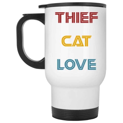 Unique Cat Lover’s Gift, Ideal Gift for Mom on Mother’s Day – Thief Cat Holding a Thief Cat – Large 14 Oz White Stainless Steel Travel Mug