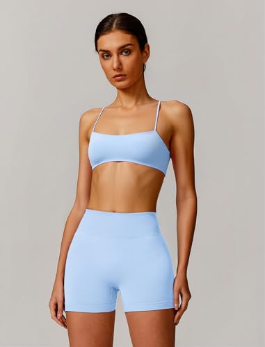 OMEWEE Workout sets for women 2 piece:Spaghetti Straps BacklessTop Bra and Anti-squat shorts for yoga Blue XS — view 5