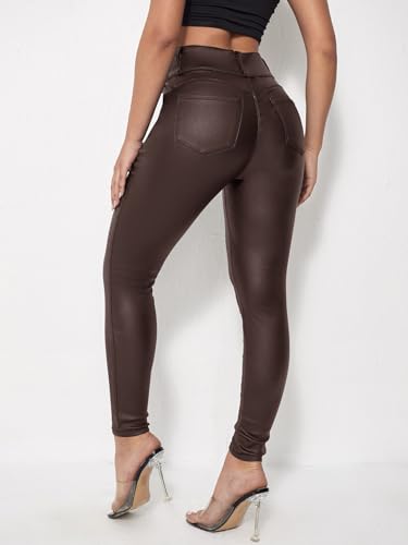 WDIRARA Women's Leather High Waist Skinny Jeans Slant Pocket High Stretch Long Pants2