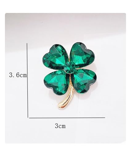 Image of Rhinestone Clover Leaf Brooch Pin, Green Four Leaf Clover Pin Shamrock Lapel Pin, Gold Plated Vintage Crystal Flower Brooches