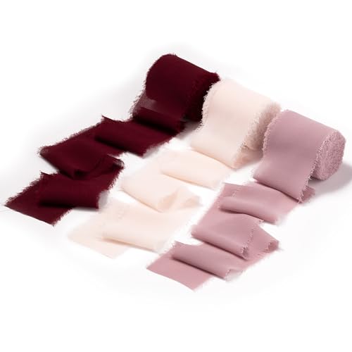 Doris Home Handmade Fringe Chiffon Silk-Like Ribbon 2" x 7Yd Set of 3 Rolls Ribbons for Wedding Invitations, Bouquets, Gift Wrapping (Burgundy/Mauve/Pink)