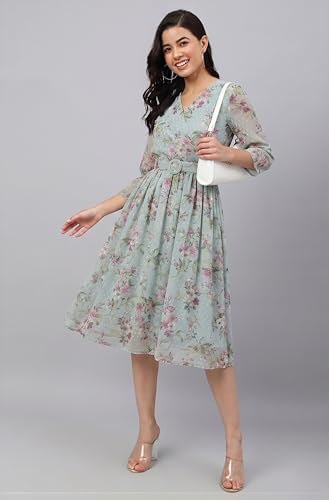 Image of Janasya Women's Dobby Georgette Floral Printed Fit & Flare Dress
