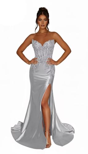 Womens Prom Dresses Long 2026 Sequin Appliques Satin Lace Appliques High Split Formal Dress Mermaid Evening Gown US Size 4 Silver