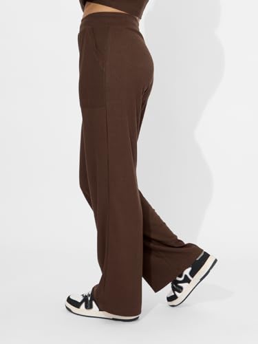 Image of The Souled Store Mocha Brown Solids Women and Girls Pull On Polyester Blend Regular Fit Ribbed Pants