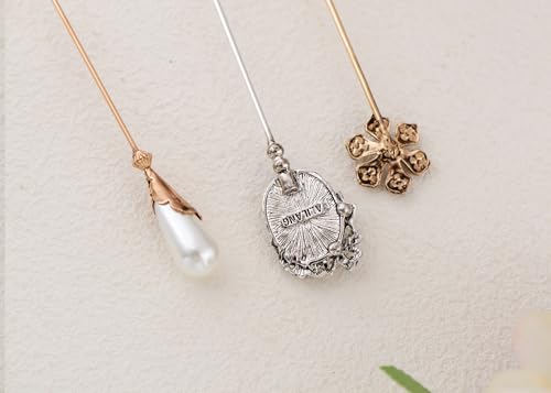 Image of Alilang Classic Vintage 3Pcs Hat Brooch Pin Set with Rhinestone and Pearl Accents for Scarves and Hats Lapel Pin Accessories