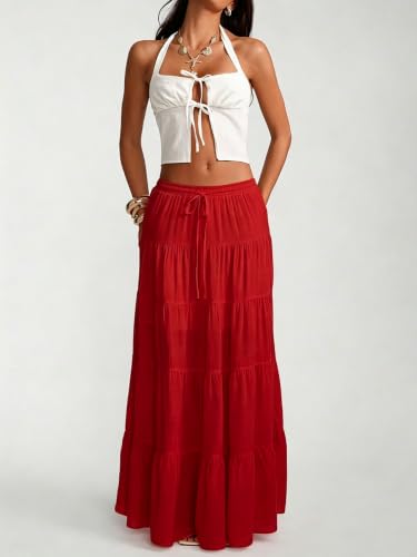 Image of Women's Boho Maxi Skirt Ruffle Flowy Low Rise A Line Beach Long Skirts | Flared Ruffle, Elastic Waist, Summer Vacation Skirts