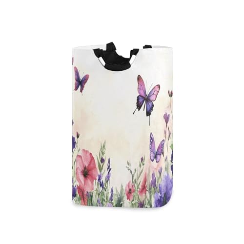 Ttgoth Cesta de lavandería plegable grande con asas, diseño de flores y mariposas, cesta organizadora de ropa para dormitorio, dormitorio, baño