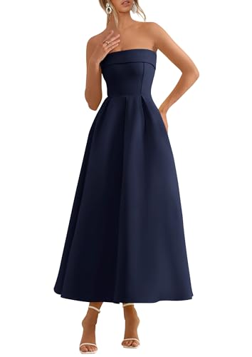 PRETTYGARDEN Cocktail Dresses for Women 2026 Summer Formal Elegant Tube Top Strapless Spring Wedding Guest Party Midi Dress(Navy,Medium)