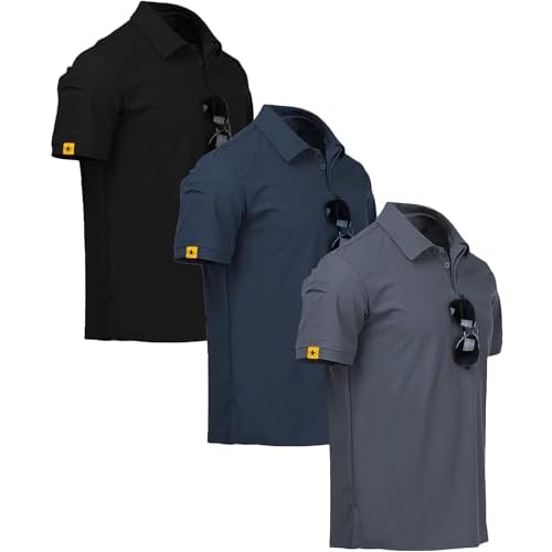 V VALANCH 3 Pack Polo Shirts for Men Short Sleeve Golf Tennis Work Summer Moisture Wicking Shirts Medium Black+dark Blue+grey