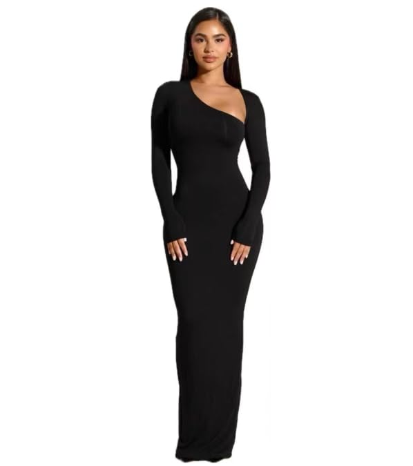 Women's 2024 Fall Long Sleeve Slant Neck Slimming Back Split Fashion Dresses Midi Dress