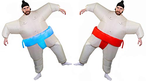 Lot de 2 déguisements gonflables Sumo - Une paire de lutteurs sumo japonais, une ceinture rouge et une autre ceinture bleue avec un survêtement sumo