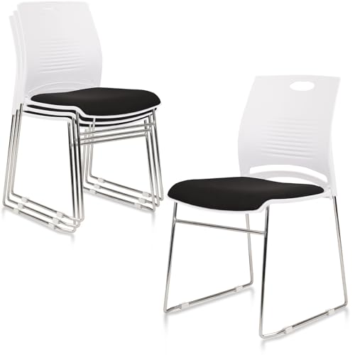 Image of CLATINA Stacking Home Office Guest Chair, Reception Stackable Chairs with Metal Sled Base, Conference Lobby Waiting Training School Kitchen Banquet Chair, Plastic Desk Chairs No Wheels, White, 4 Pack