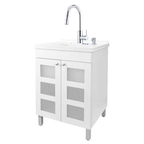 Image of Utility Sink with White Vanity Cabinet by JS Jackson Supplies, Chrome High-Arc Pull-Down Sprayer Faucet, Soap Dispenser and Spacious Vanity for Laundry Room