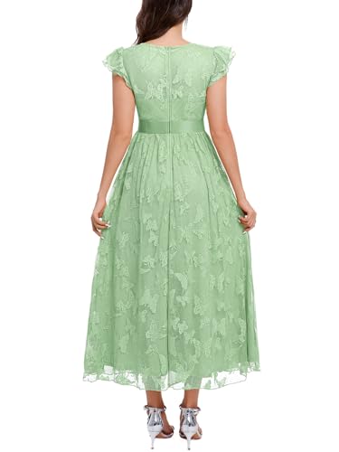 Image of Women's Casual Tulle Midi Dress Ruffle Sleeve Crewneck Lace Flowy Dresses Party Wedding Guest Sundress