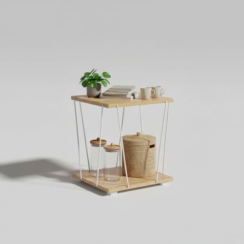 INDE MOBLEKIT | Mesita Auxiliar 2 Alturas de Madera y Metal Blanco 31.8x31.8x38.5 cm, Mesa de Noche Compacta con Estante Inferior para Dormitorio o Salón