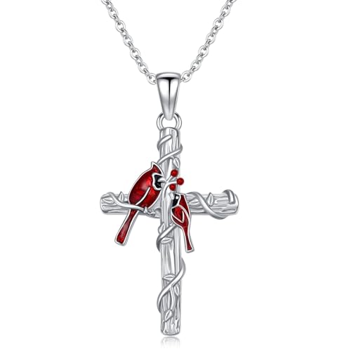 WSX Collar con colgante de cruz roja cardenal para mujer, plata de ley 925, collar con colgante de cruz para amantes de los animales, joyería de regalo de Navidad para mujeres, madre y abuela