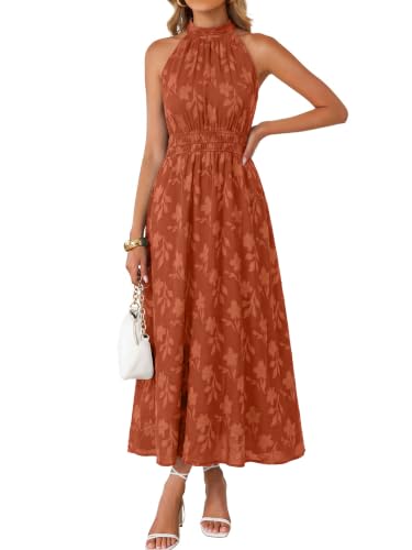 Image of Simplee Womens Summer Halter Maxi Dress Boho Floral Wedding Guest Dress Flowy Sleeveless Long Sundresses with Pockets