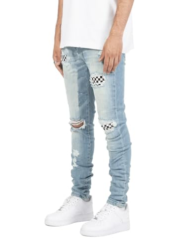Jeans Pants Trouser Denim Ripped Hole Street Trendy Elastic Tight Fitting Washed Blue Ground White Small Leg for Men4