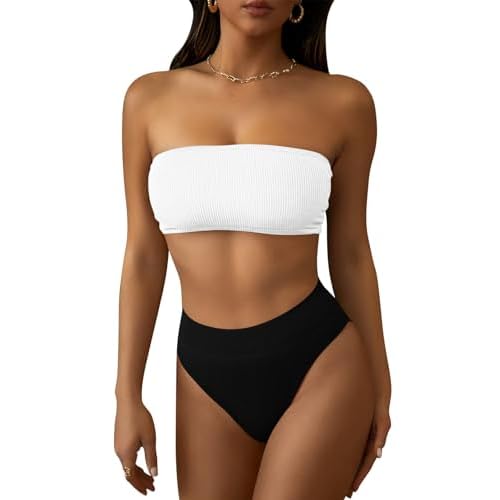 Pink Queen Women's Ribbed High Waisted Bikini Set Removable Strap Bandeau Swimsuit Small 01 - Army Green Ribbed Fabric