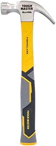 TOUGH MASTER Claw Hammer 16oz Fiberglass Shaft Non Slip Grip Handle TPR Finish Heavy Duty C45 Premium Steel Head Nail Puller Magnetic Holder 450g Light Strong Hand Tool for DIY Projects in Home Office