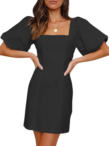 Misng Women's Square Neck Short Puff Sleeves Mini Dresses Stretch Slim Casual Dress with Zipper Black