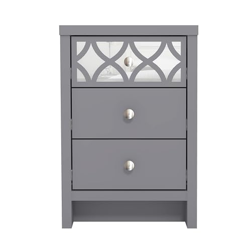 Galano Iris - Mesita de noche moderna de 3 cajones con cajón de espejo, elegante almacenamiento y organización para dormitorio, ideal para pasillo o sala de estar, color gris