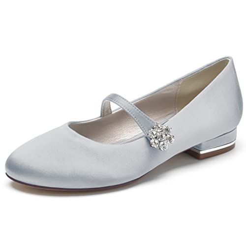 Women's Ballet Flats Comfortable Classy Dress Shoes for Wedding Party Daily Round Toe Wedding Rhinestone Slip on Flat Shoes Silver 7.5 US