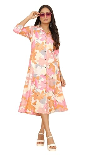 Image of KESUDI A Line Dresses for Women Western Rayon Floral One Piece Dress for Women | Stylish Flared Roll Tab Sleeve | Knee Length Midi Maxi Dress | Wear as Beach, Party