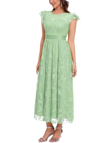 Image of Women's Casual Tulle Midi Dress Ruffle Sleeve Crewneck Lace Flowy Dresses Party Wedding Guest Sundress