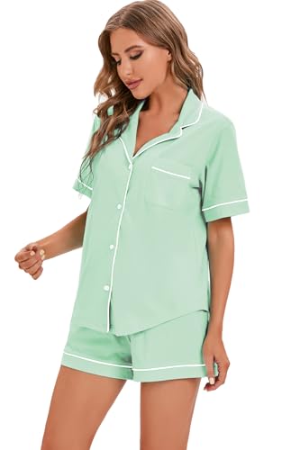 Image of LUBOT 100% Cotton Pajamas for Women 2 Piece PJ Set Button-Down Soft Knit Short Sleeve Summer Sleepwear Loungewear XS-XXL