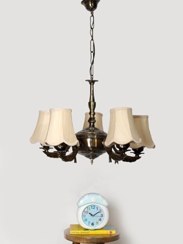 Image of Devansh 05-Light Conical Off-White Cotton Shade Chandelier - Antique Golden Finish | Adjustable Cord | Warm Glow Lamp - Ceiling Light for Living Room, Dining Area, Bedroom & Entryway Decor - D12