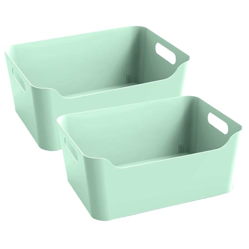 Image of KOLORR Jolly Plastic Large Baskets with Handle for Storage Box| Multipurpose Light Weight Plastic Baskets organiser for Clothes Toys Stationary Cosmetics Livingroom Bathroom | Pack of 2 - Mint